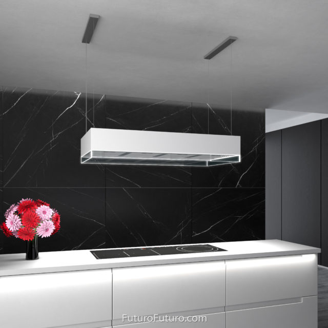 White kitchen cabinet island range hood | White ceiling mounted range hood