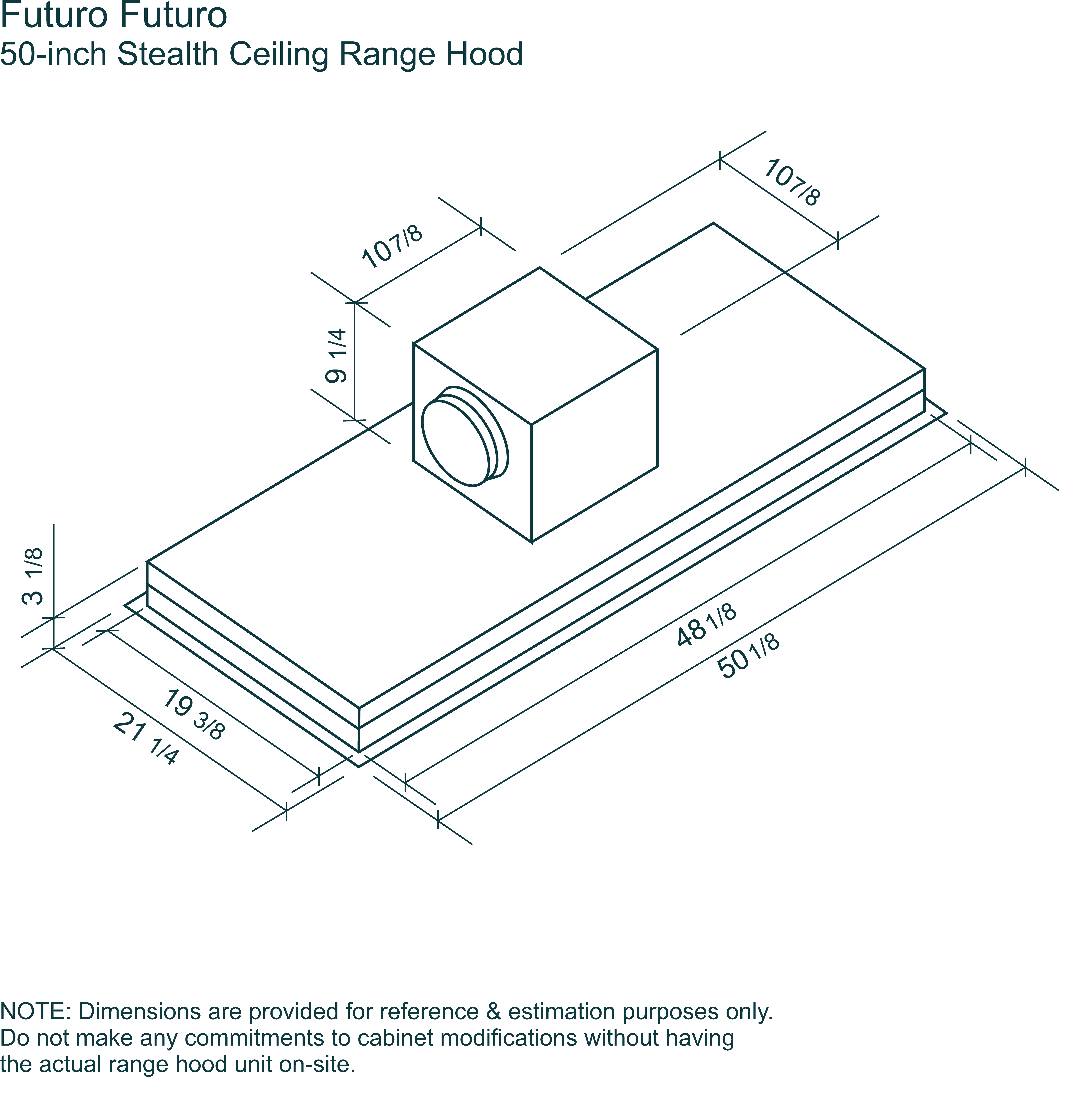 50″ Stealth Black Ceiling/Soffit Range Hood 12 Dimensions for Futuro Futuro 48-inch Stealth Black Ceiling/Island Range Hood