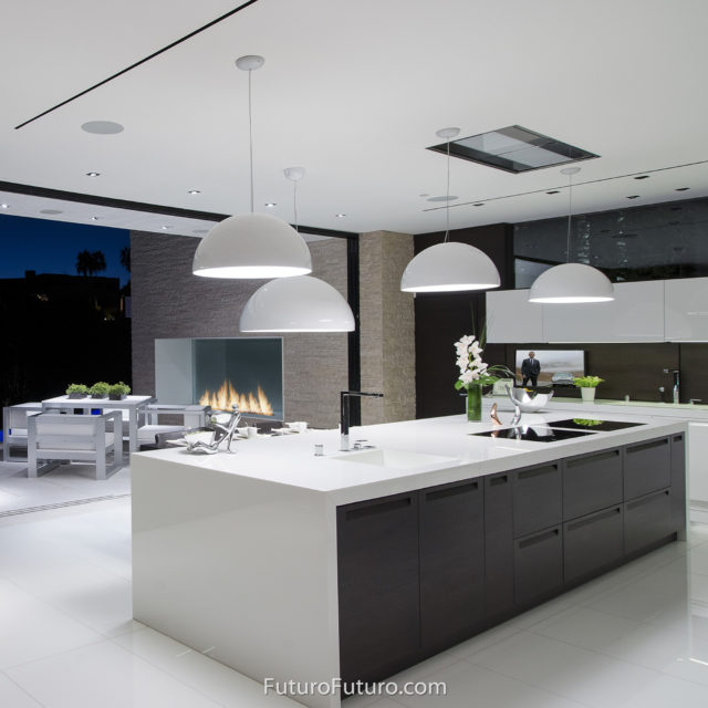 White and black kitchen cabinets ceiling mount range hood | Modern ductless range hood