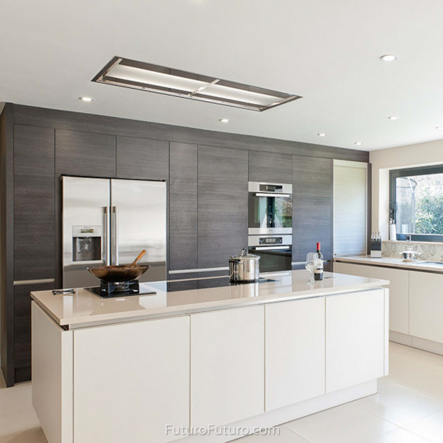 White kitchen island ceiling mount range hood | Contemporary kitchen exhaust fan