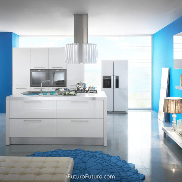 White kitchen cabinets island range hood | Contemporary ceiling mount range hood