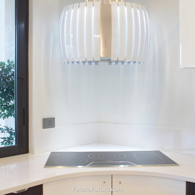 White glass island range hood | Modern kitchen stove hood