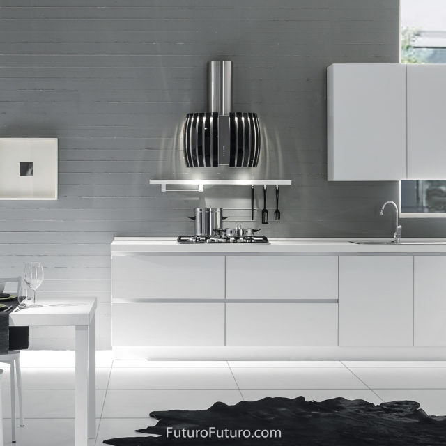 White kitchen cabinets vent hood | Black glass body stove hood