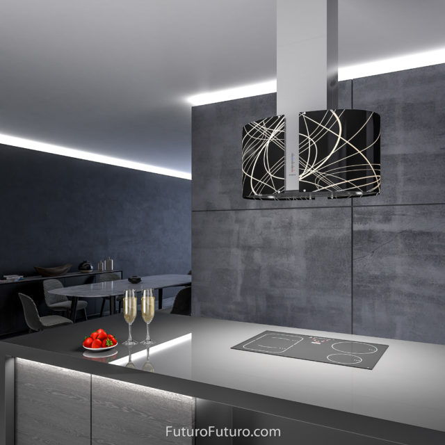 Gray kitchen countertop vent hood | Black and white glass body island vent hood