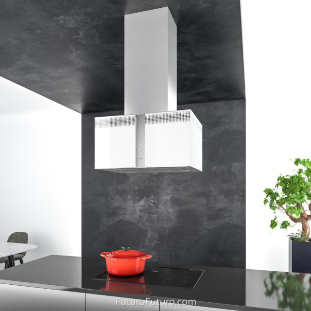 White kitchen cabinets island range hood | Designer kitchen hood