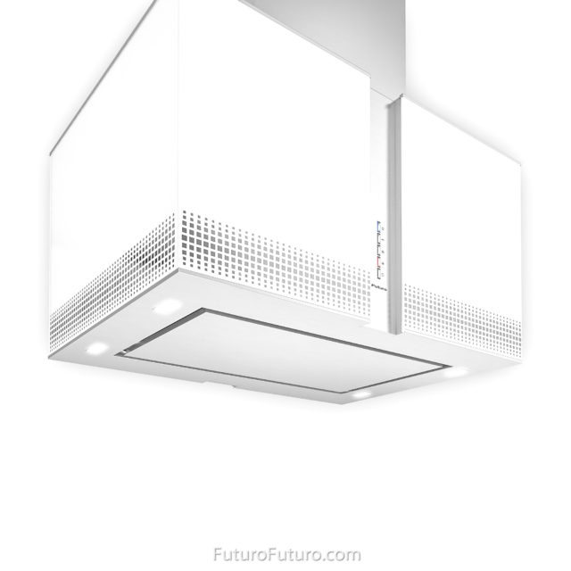 White illuminated glass kitchen exhaust hood | Stainless steel hood