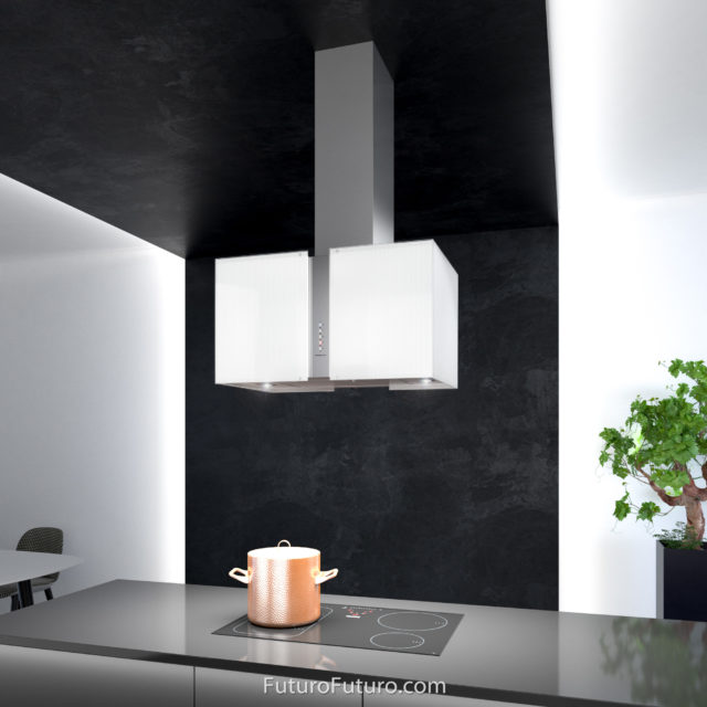Black and white kitchen island hood | Premium ceiling mount range hood
