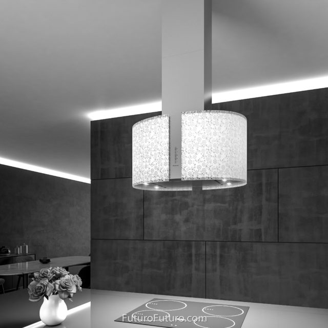 Modern glass ceiling mount range hood | Designer kitchen island hood