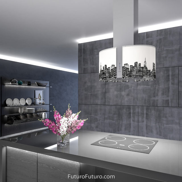 Designer glass ceiling mount range hood | Modern kitchen island hood
