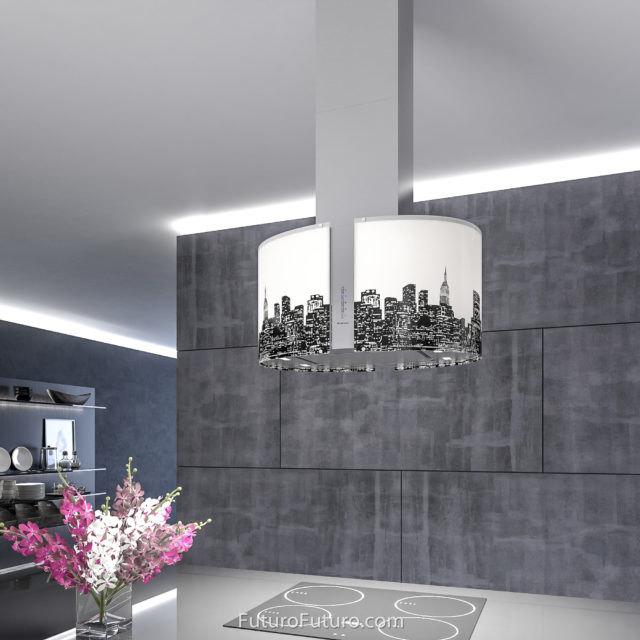 Black and white tempered glass ceiling mount range hood | Modern kitchen island range hood