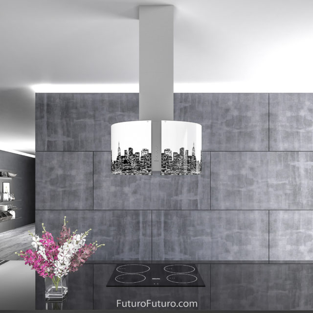 Black and white glass kitchen exhaust fan | Luxury Island range hood