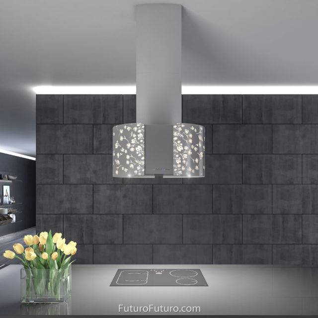 Glossy tempered glass ceiling mount range hood | LED modern kitchen island range hood