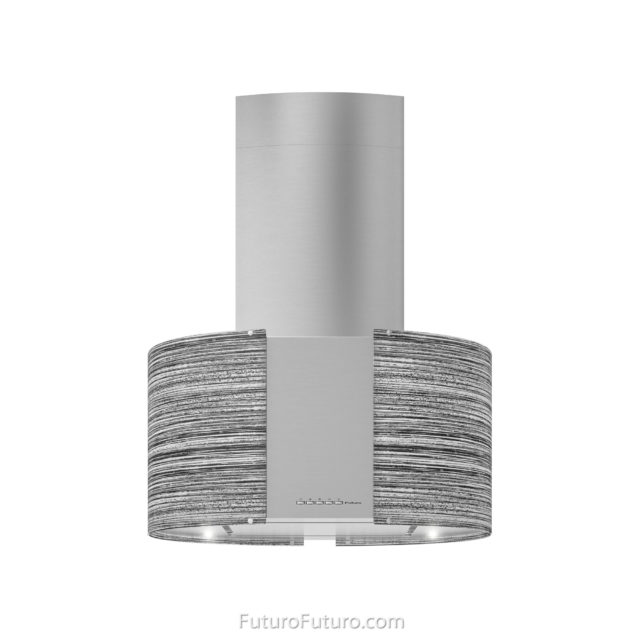 Glossy LED illuminated island hood | Stylish kitchen exhaust fan