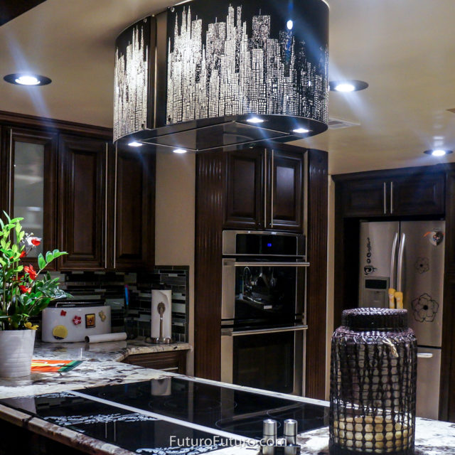Illuminated black glass island range hood | Luxury kitchen glass stove hood