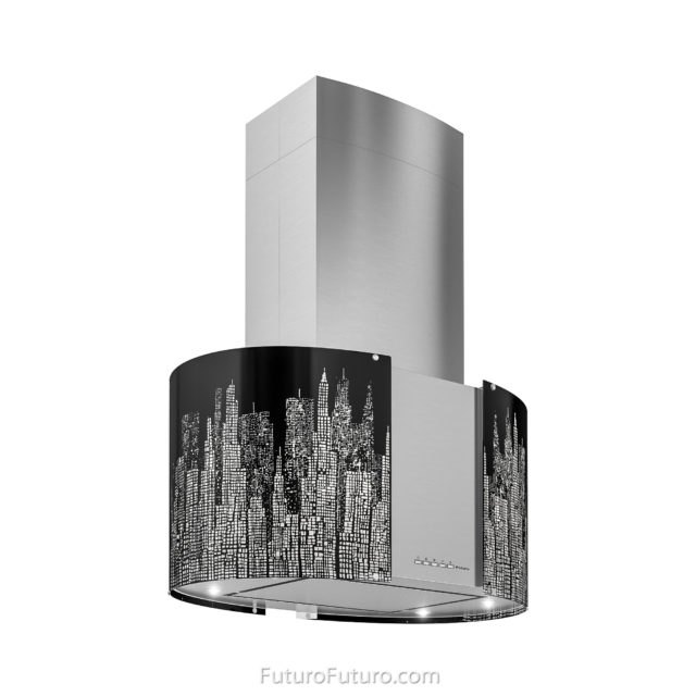 Black LED illuminated glass kitchen hood | Luxury island range hood