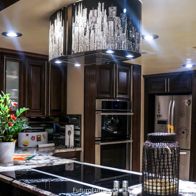 LED illuminated black glass island range hood | Luxury kitchen glass stove hood