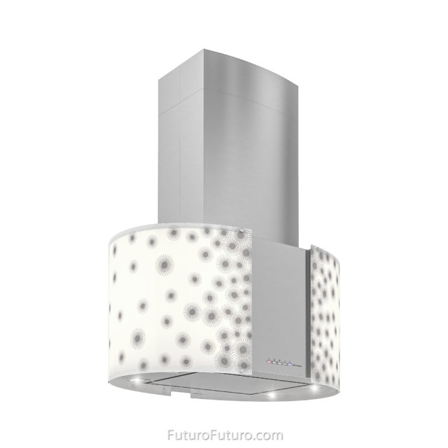 White and gray dots illuminated glass kitchen hood | Luxury island range hood