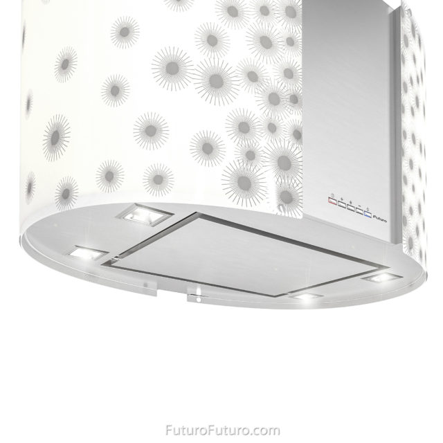 White and grey dotted illuminated glass kitchen exhaust hood | Stainless steel hood