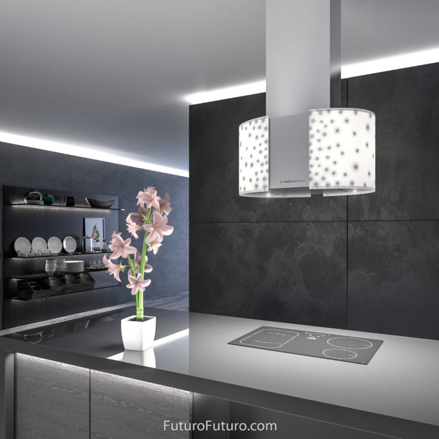 Tempered glass stove hood | Rounded glass body kitchen island range hood