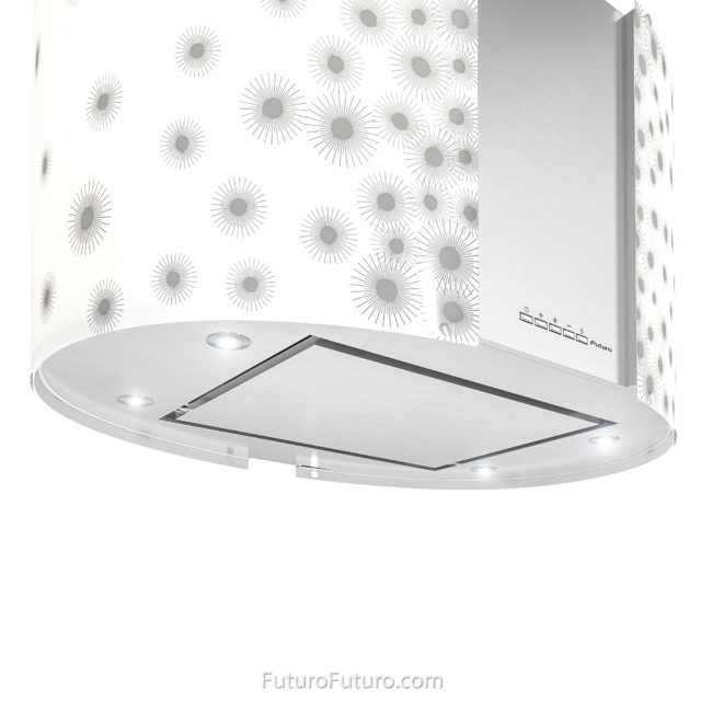 White and grey dotted LED illuminated glass kitchen exhaust hood | Stainless steel hood