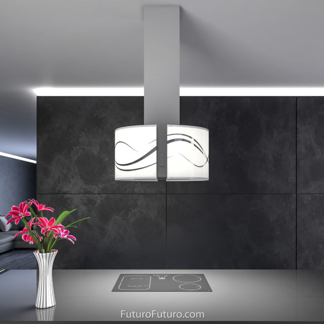 Illuminated LED glass recirculating range hood | Modern kitchen hood vent