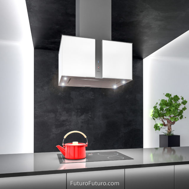 Grey quartz countertop island range hood | Modern kitchen hood vent