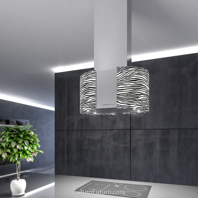Black-white illuminated ceiling mount range hood | Contemporary island vent hood