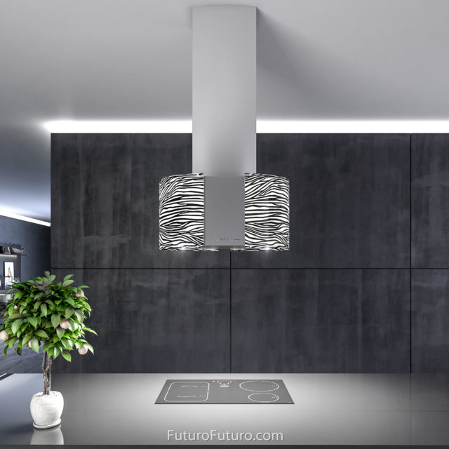 Black-white LED illuminated ceiling mount range hood | Contemporary island vent hood