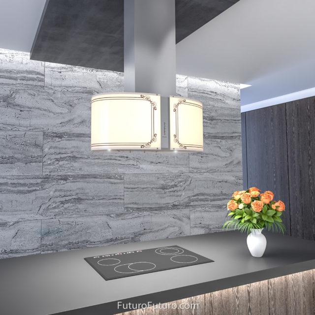 Quartz countertops white glass stove hood | Exquisite design range hood