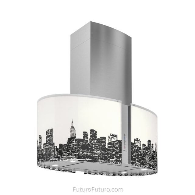 Black-white LED illuminated glass kitchen hood | Modern island vent hood