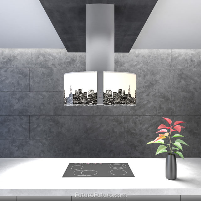 Designer glass ceiling mount range hood | Contemporary kitchen island hood