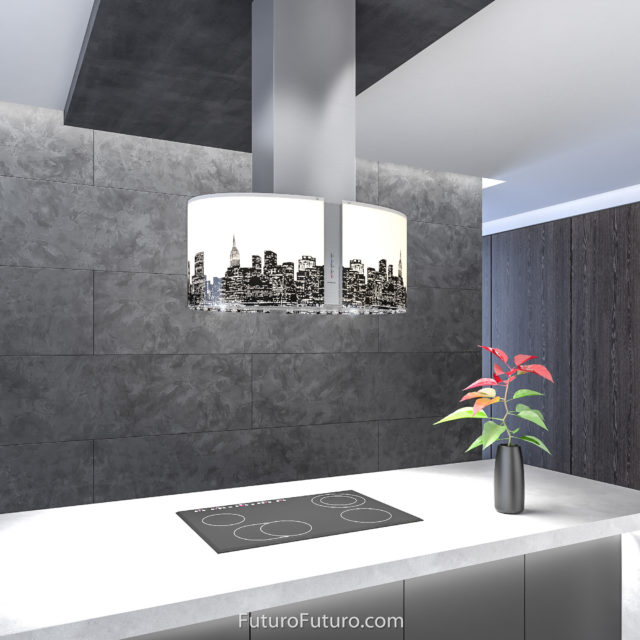 Black and white tempered glass ceiling mount range hood | Luxury kitchen island range hood