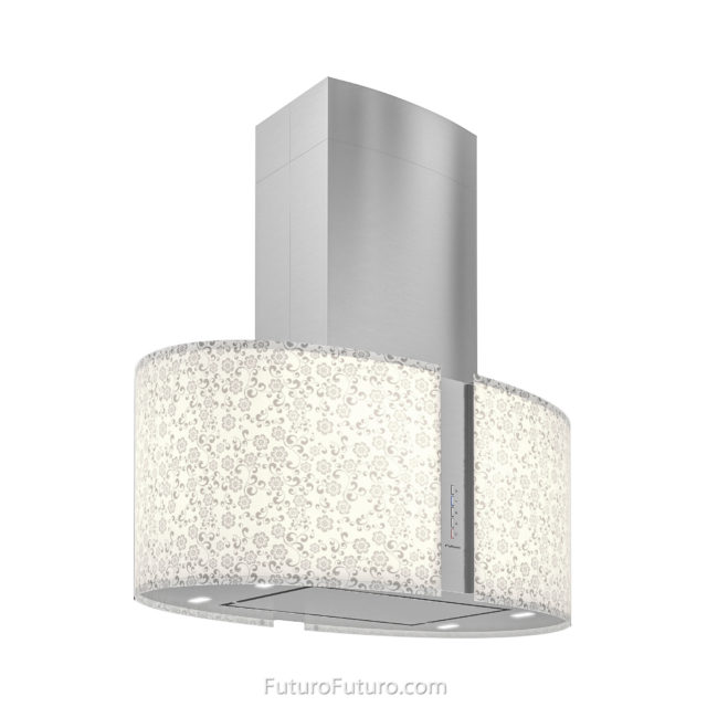 White and gray LED illuminated glass kitchen hood | Luxury island range hood