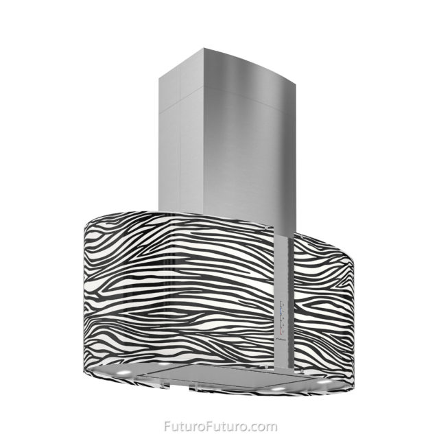 Black and white LED illuminated glass kitchen hood | Unique island range hood