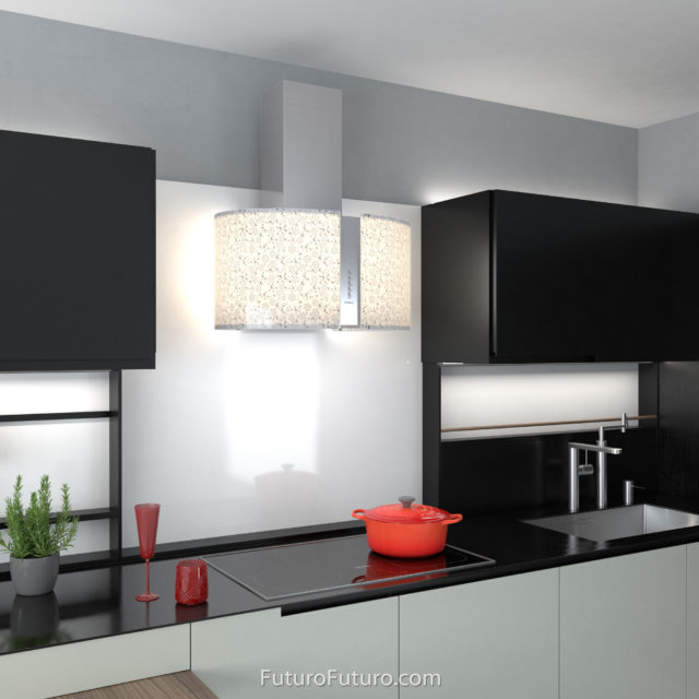Black kitchen cabinets range hood vent | White kitchen exhaust hood