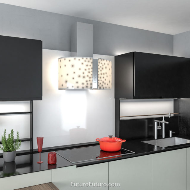 LED illuminated vent hood | Black kitchen cabinets oven hood