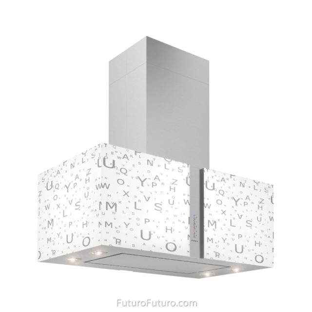 White illuminated glass kitchen range hood | Luxury island vent hood