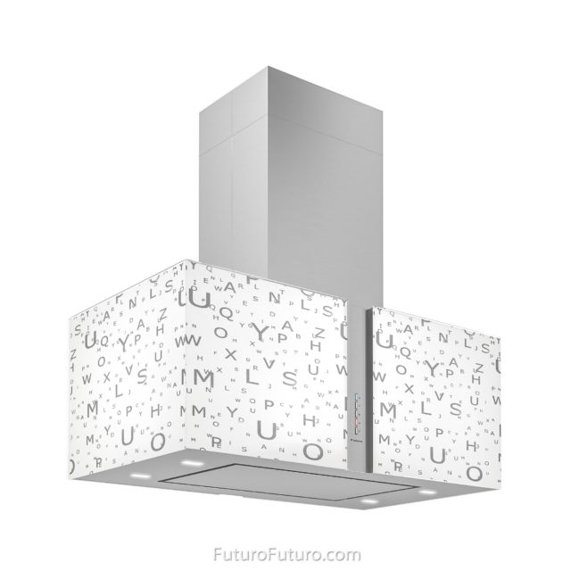 White LED illuminated glass kitchen range hood | Luxury island vent hood