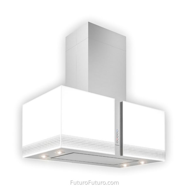 White illuminated glass kitchen hood | Modern island range hood