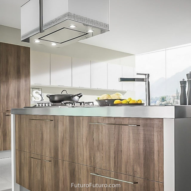 Wooden style kitchen cabinets island range hood | Designer kitchen hood