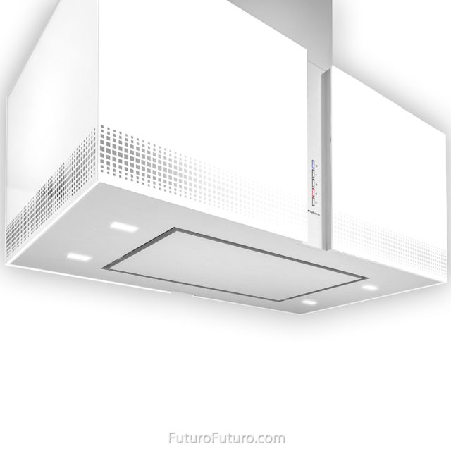 White LED illuminated glass kitchen exhaust hood | Stainless steel hood