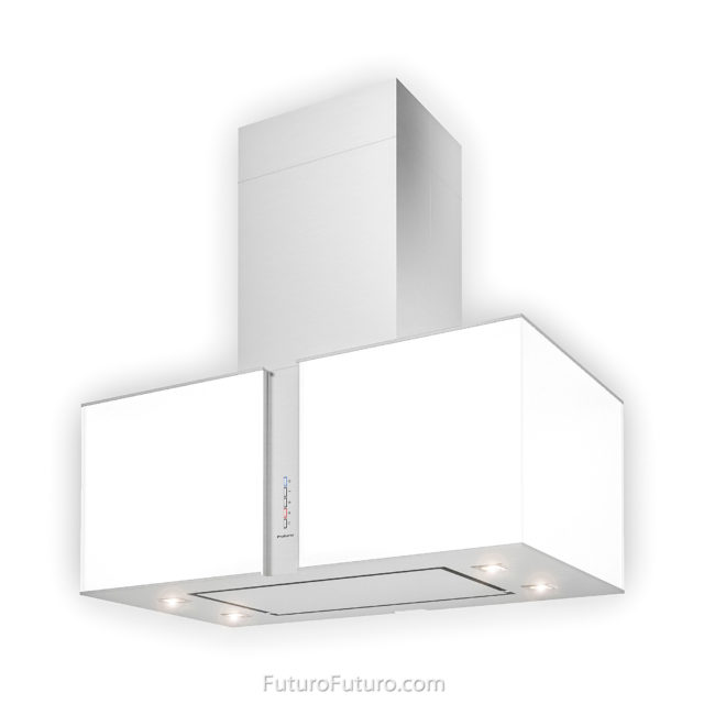 White illuminated glass kitchen range hood | White glass range hood