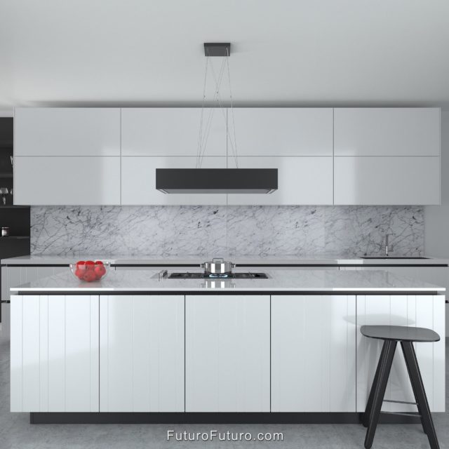 Luxury contemporary range hood | White kitchen cabinets