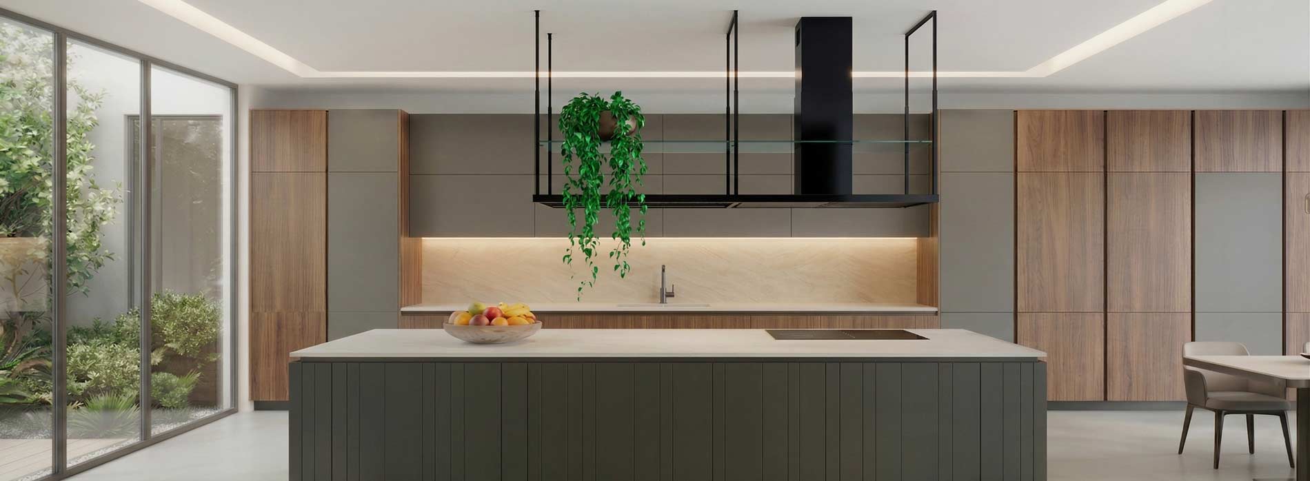 Cage Black Island Range Hood - Italian Luxury Powerful Italian-made black island range hood with glass shelves and adjustable dynamic lighting in a modern kitchen.