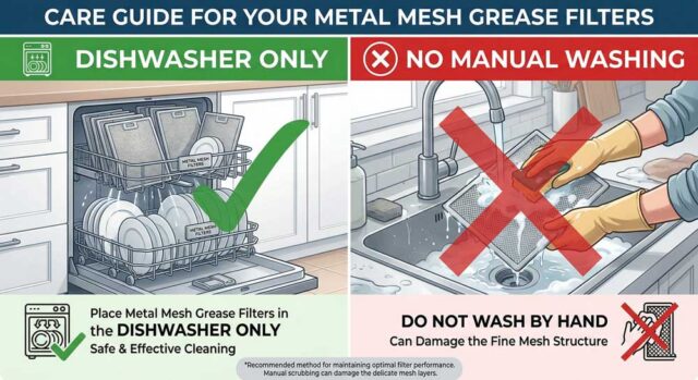 Metal Mesh Grease Filter Care Guide Maintenance guide for range hood filters showing metal mesh grease filters being cleaned in a dishwasher with a green checkmark, and a red "X" over manual hand scrubbing.