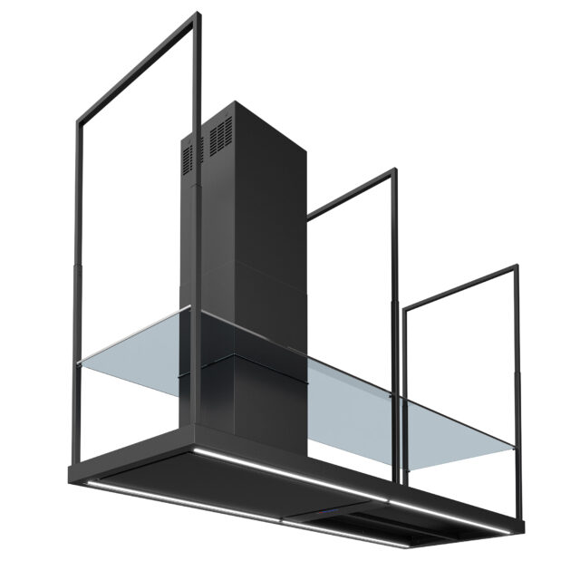 Futuro Futuro 69-inch Cage Black Island Range Hood with glass shelves