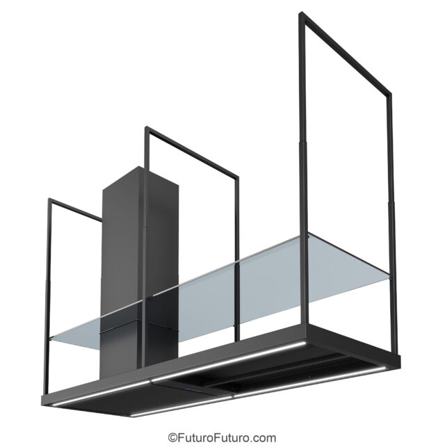 Black ceiling-mounted island hood with perimeter suction