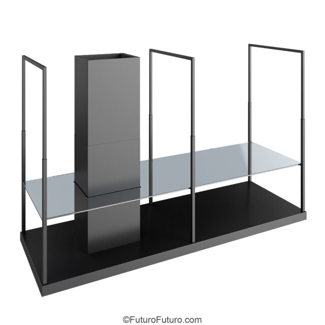 Elegant matte black range hood with glass shelf