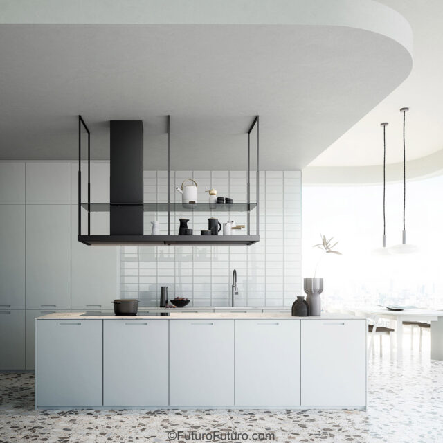 Glass shelf range hood for modern kitchen island