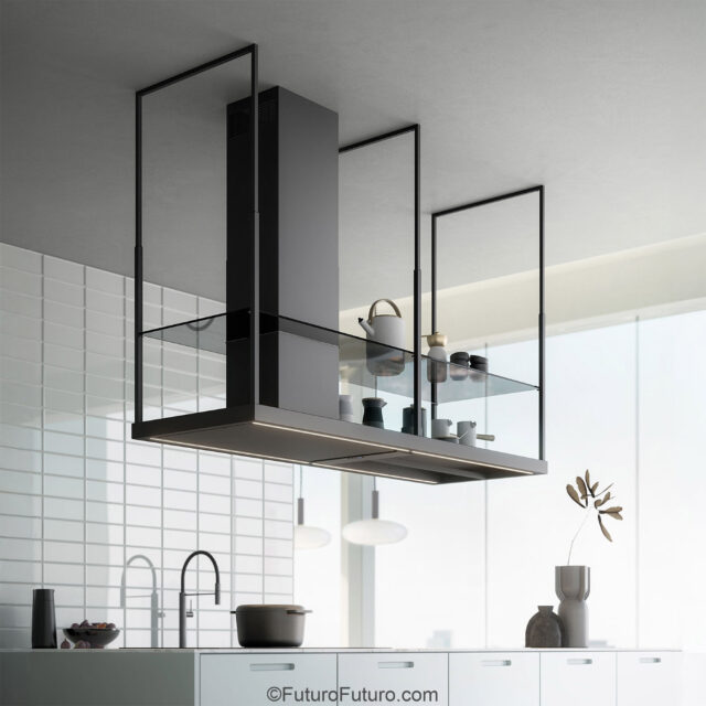 Futuro Futuro black range hood in contemporary kitchen